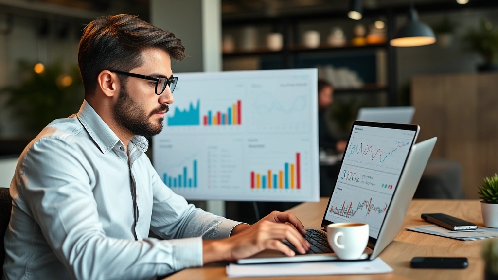 Founder reviewing financial dashboards and metrics on laptop at desk with coffee, serious focused expression, startup office environment
