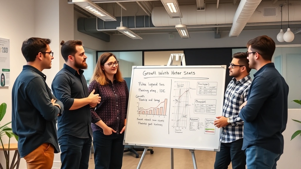 Team members in startup office collaborating around whiteboard discussing growth strategy and financial projections, casual professional attire