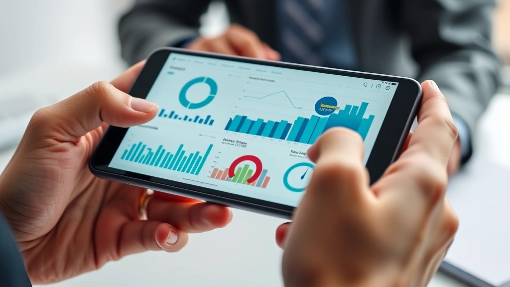 Close-up of hands holding mobile device showing financial charts and KPI dashboards, modern minimalist workspace background