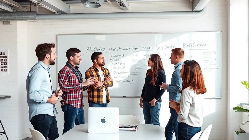 Diverse founder team in casual startup office having collaborative discussion around whiteboard wall, natural lighting, energetic but focused atmosphere, no visible text or writing on surfaces