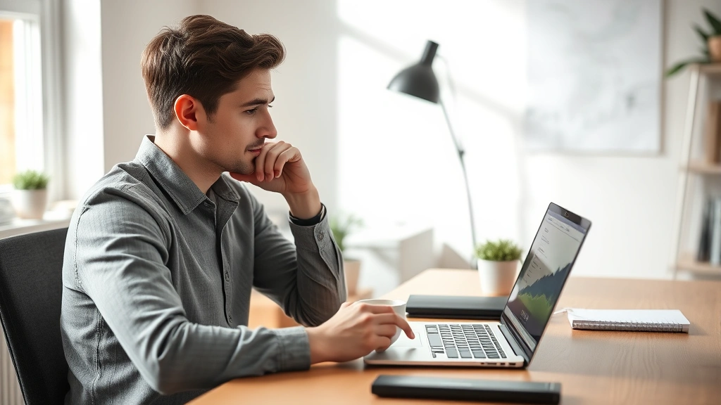 Young entrepreneur sitting at desk reviewing metrics on laptop with coffee, thoughtful expression, modern minimal workspace, morning light, candid documentary style
