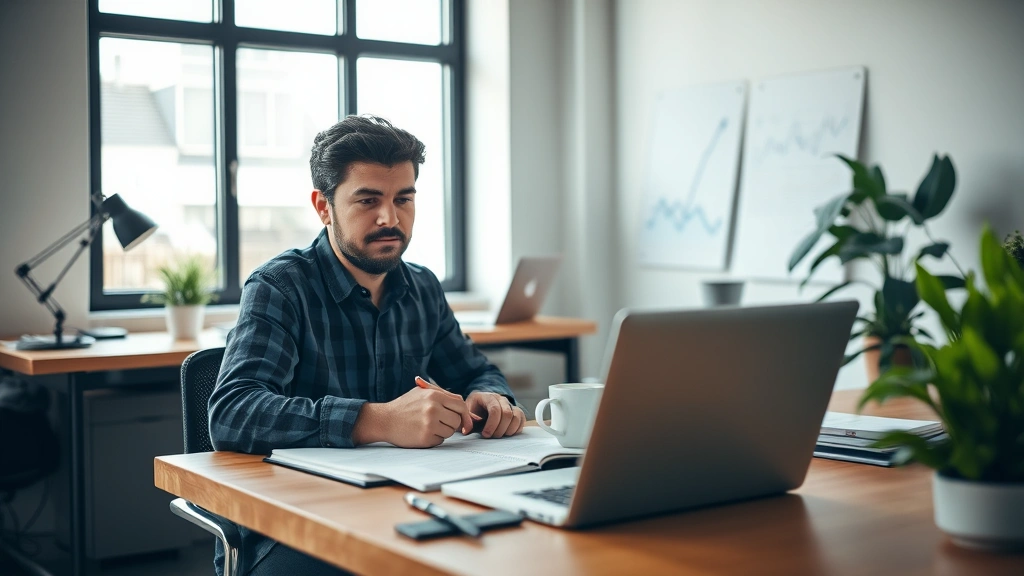Founder at desk with notebook and coffee, reviewing business metrics on laptop, morning light, focused expression, startup office environment