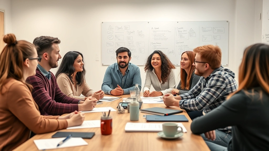 Diverse team in casual meeting discussing ideas around table, engaged body language, collaborative energy, modern workspace with whiteboards visible