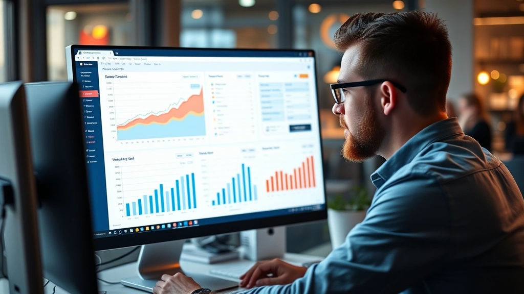 Entrepreneur reviewing growth charts and customer data on computer screen, analytical focus, professional setting, early-stage startup aesthetic