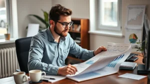 Founder at desk reviewing financial spreadsheets and business metrics on paper, focused and determined expression, morning light from window, coffee cup nearby, professional but casual startup environment