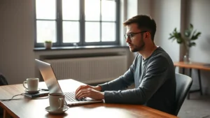 Founder working intently at laptop in minimalist startup office, natural morning light through windows, coffee cup on desk, focused expression, urban loft setting