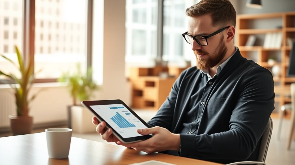 Entrepreneur reviewing business metrics on tablet in modern startup office, focused expression, natural lighting, coffee cup nearby