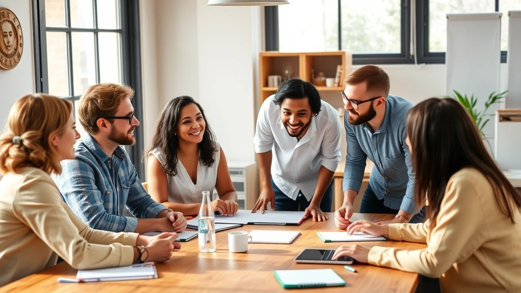 Diverse founding team in casual meeting discussing strategy around wooden table, animated conversation, sunlit workspace, notepads visible
