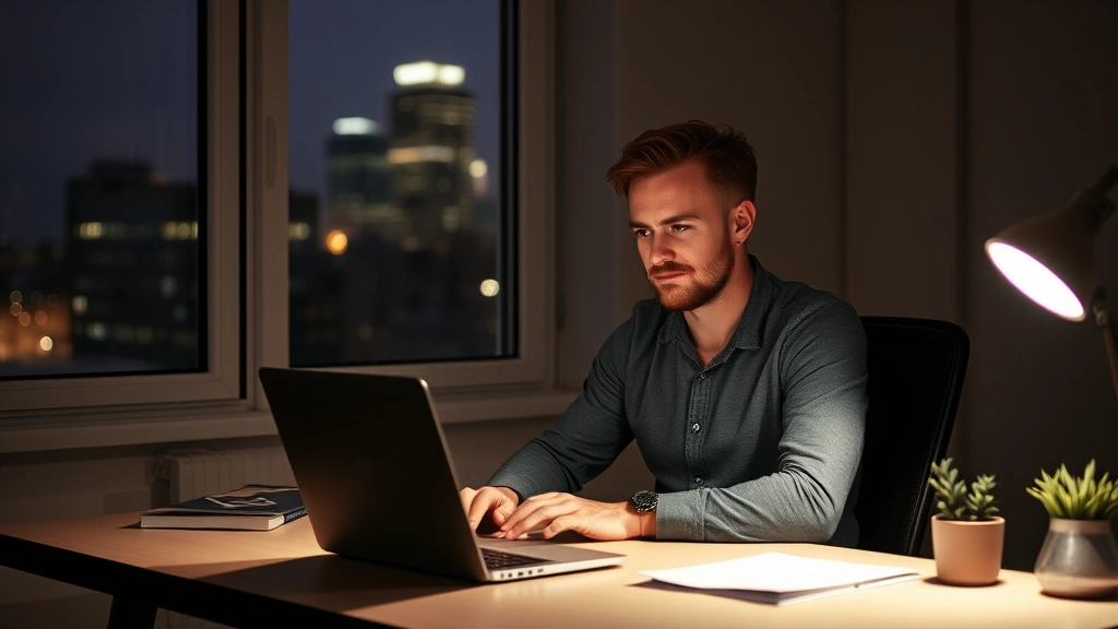 Solo founder at desk late evening with laptop, window showing city lights, contemplative but determined expression, minimalist workspace