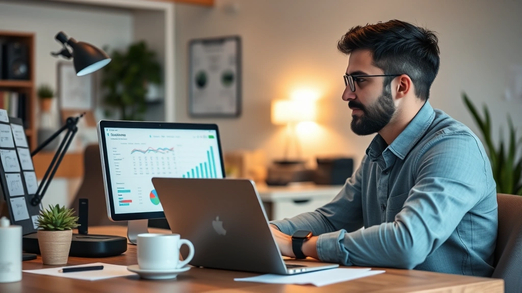 Founder at desk reviewing financial spreadsheets and metrics on laptop, coffee cup nearby, focused expression, startup office environment with minimal decor