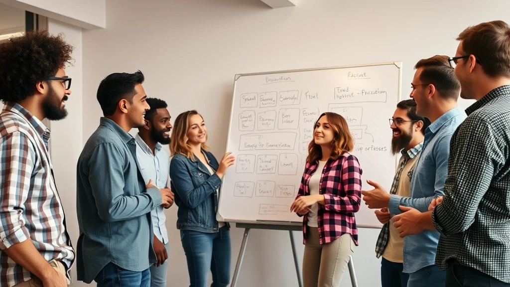 Diverse startup team in casual meeting, collaborating around whiteboard discussing strategy, energy and engagement visible, natural office lighting