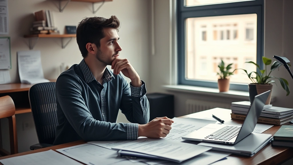 Young entrepreneur sitting at a desk covered with business papers, coffee cup, laptop off to side, looking thoughtfully at a window, contemplative startup environment