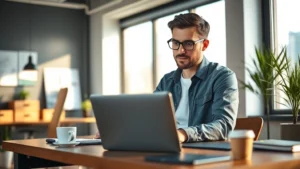 Founder at laptop in startup office, early morning light, coffee cup nearby, focused expression, modern minimalist desk setup, natural window lighting, photorealistic