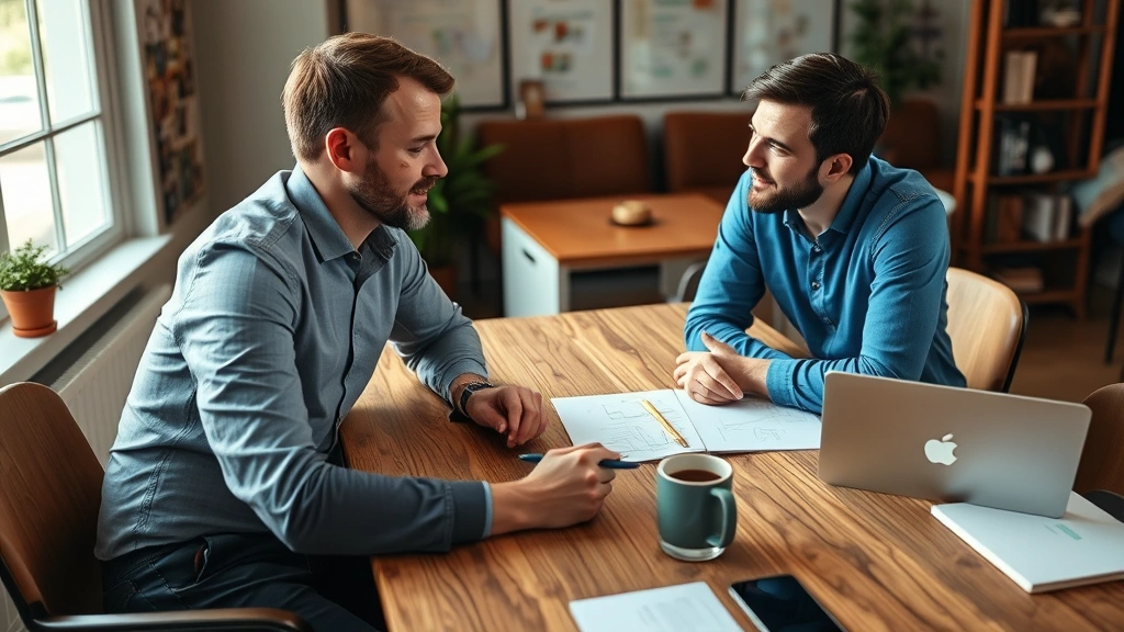 Two entrepreneurs in casual clothing discussing strategy over notes and coffee at wooden table, collaborative energy, warm office environment, photorealistic candid moment