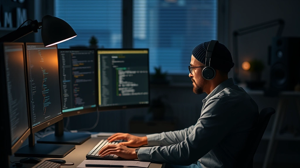 Solo founder working late at desk with multiple monitors, determined focus, startup workspace aesthetic, warm desk lamp lighting, real entrepreneurial hustle moment