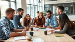 Diverse startup team in a modern office brainstorming around a table, looking engaged and energized, natural lighting from large windows, coffee cups and notebooks scattered, candid moment of collaboration