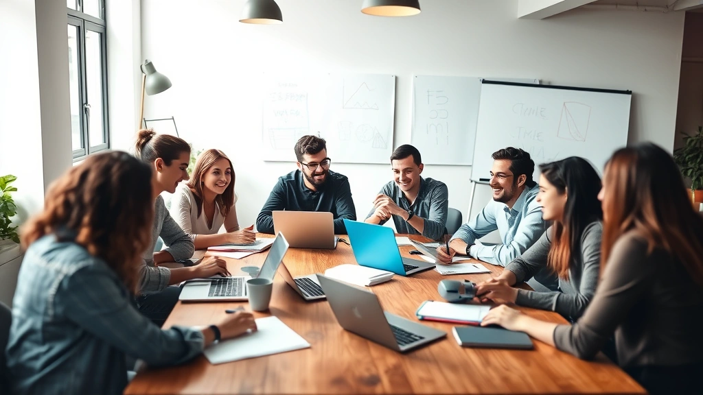 Diverse team of young entrepreneurs sitting around a wooden table in a bright startup office, laptops and notebooks scattered, engaged in animated discussion with whiteboards in soft focus background