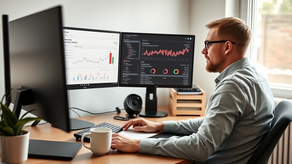 Founder reviewing analytics and customer feedback on multiple monitors in a minimalist home office setup, coffee cup nearby, natural window light, focused expression
