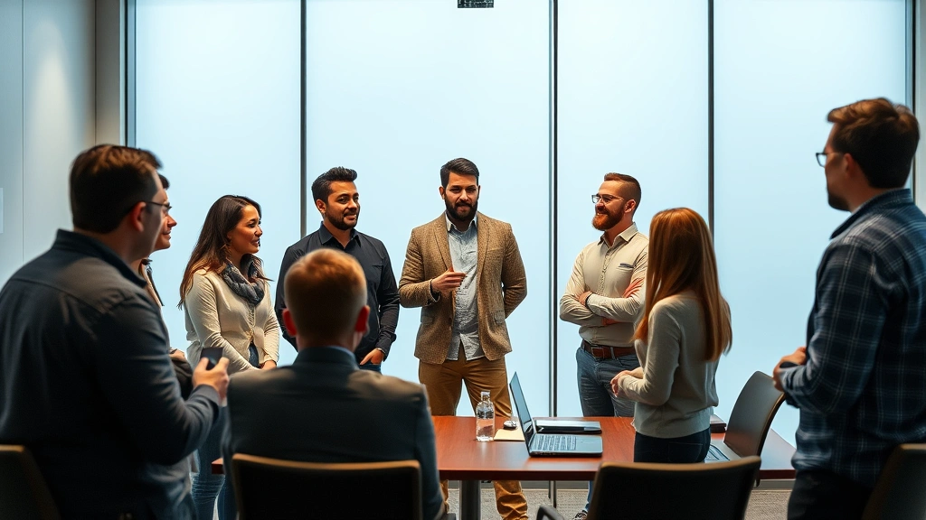 Group of early-stage founders presenting their product to potential investors in a modern conference room, standing confidently with genuine engagement, professional but approachable atmosphere