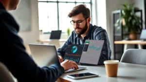 Founder reviewing financial dashboard on laptop in startup office, natural light, focused expression, coffee cup nearby, professional casual setting
