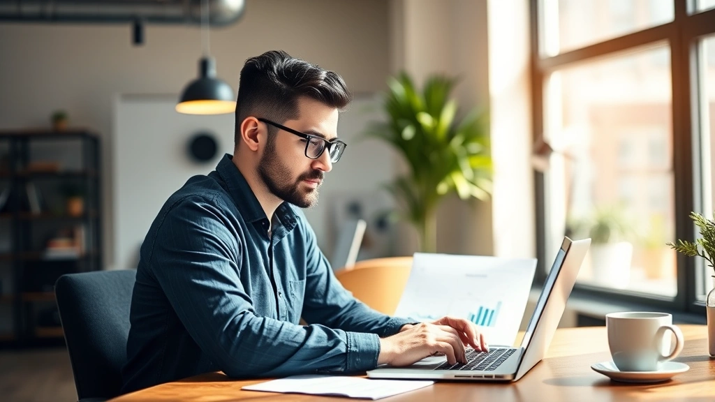 Founder analyzing financial metrics on laptop in modern startup office, focused expression, natural daylight, wooden desk with coffee cup nearby