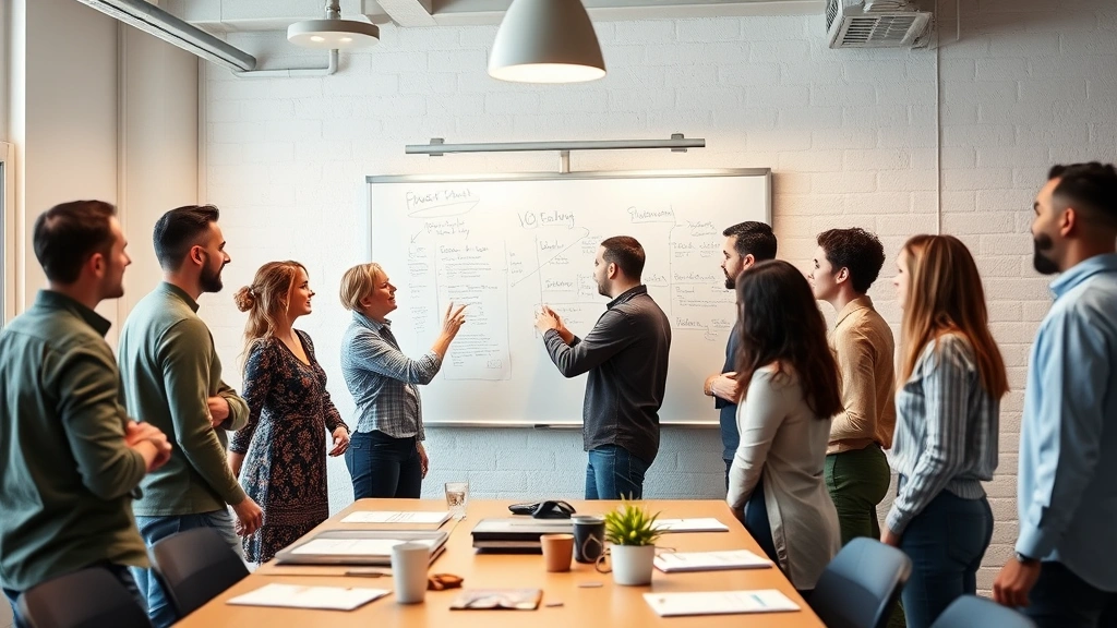 Team collaborating around whiteboard in bright creative space, diverse group discussing strategy, energy and engagement visible in body language