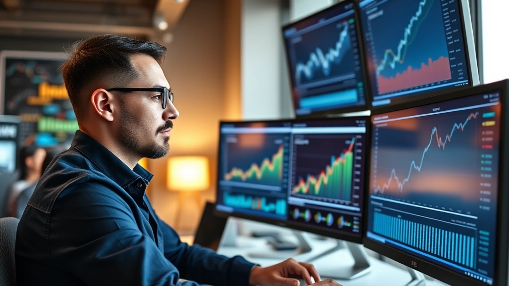 Entrepreneur reviewing growth charts and business data on multiple monitors, professional setting, confident demeanor, modern workspace