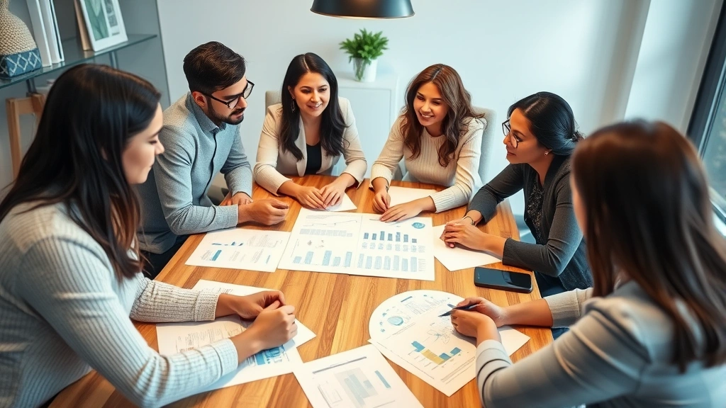 Team of diverse professionals in collaborative meeting discussing strategy, reviewing documents and charts on a wooden table, engaged discussion