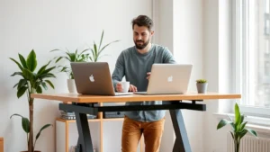 Founder working at a standing desk in a minimalist home office, laptop open, coffee cup, focused expression, natural window light, modern workspace with plants