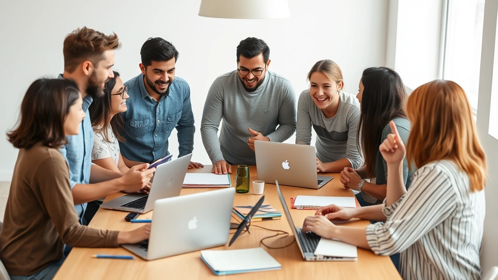 Team of young entrepreneurs having an animated discussion around a table with laptops and notebooks, diverse group, collaborative energy, casual startup environment, genuine interaction