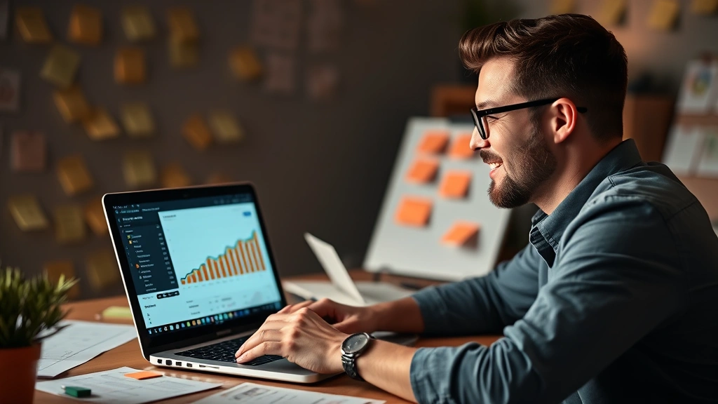 Founder reviewing analytics on a laptop screen with a satisfied expression, surrounded by sticky notes and planning materials, candid moment of progress and reflection, warm lighting