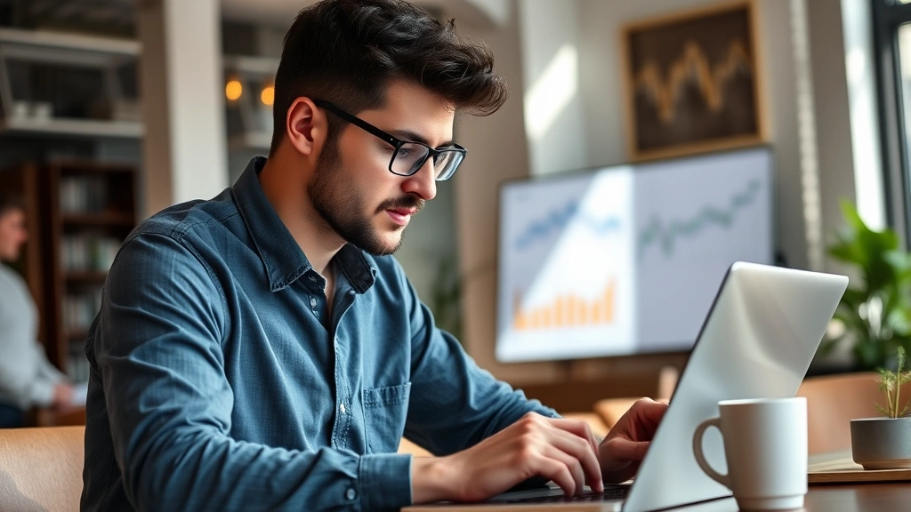 Founder reviewing financial dashboards and metrics on laptop, coffee cup nearby, focused expression, modern startup office environment, natural lighting
