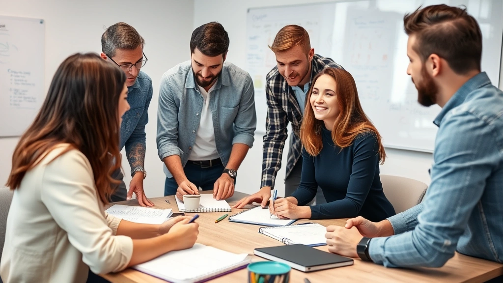 Team collaborating on strategy session around table with notebooks, diverse group engaged in discussion, whiteboard visible in background, entrepreneurial energy
