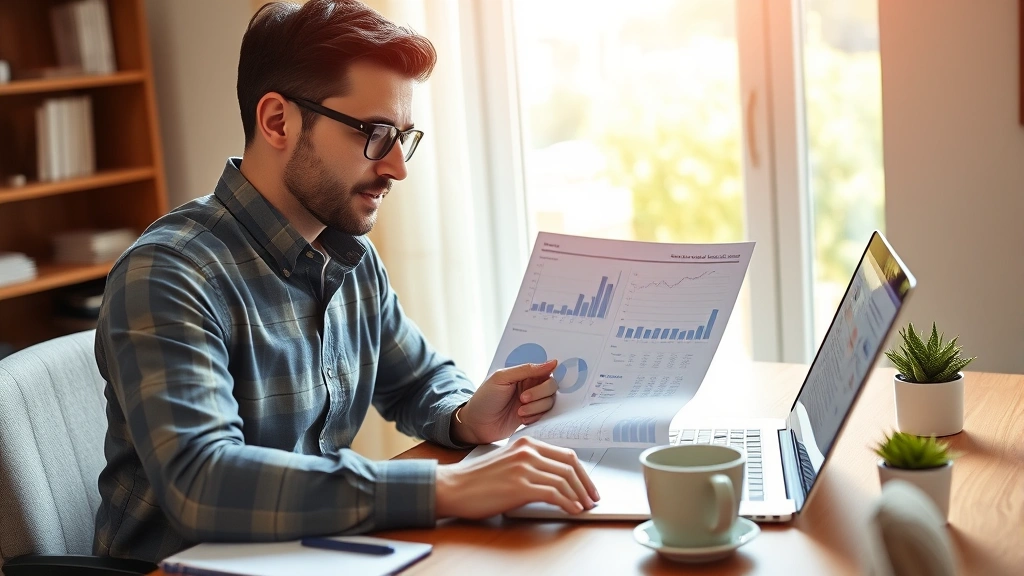 Entrepreneur reviewing financial spreadsheets and metrics at a wooden desk with laptop and coffee, natural daylight through window, focused expression