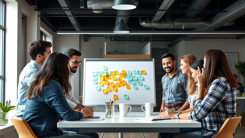 Diverse startup team in casual meeting, collaborating around whiteboard with sticky notes, energetic and engaged, modern office space