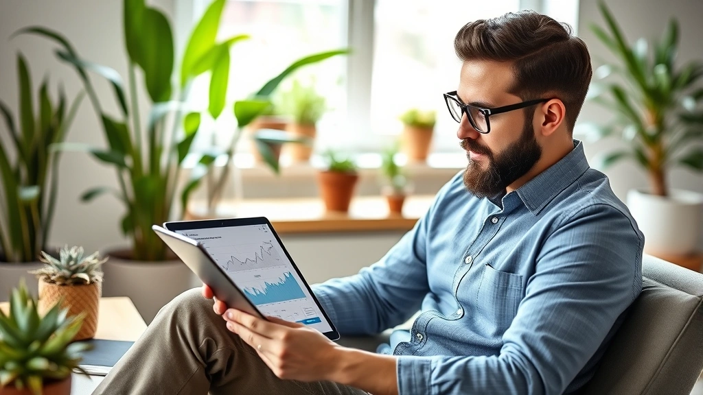 Founder graphing customer retention trends on tablet, analyzing business metrics, sitting in modern workspace with plants and natural light