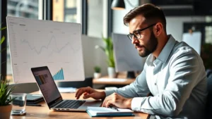 Founder reviewing financial dashboards and growth metrics on desk with laptop and notebook, focused expression, natural office lighting, modern workspace