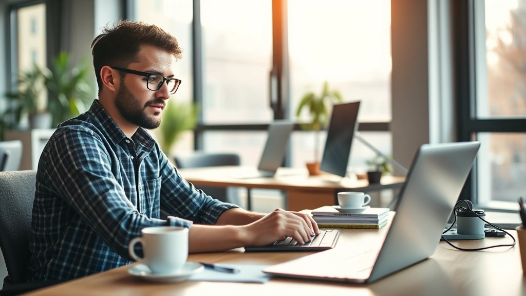 Founder working at desk with coffee and laptop, natural lighting, focused expression, modern startup office environment, morning light through windows