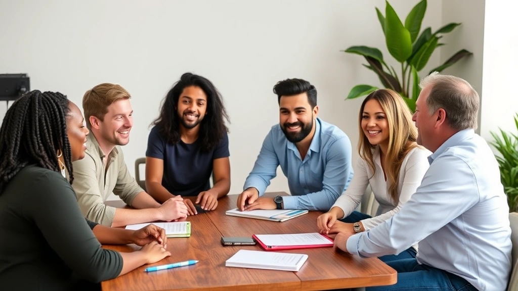 Team of diverse founders in casual meeting discussing strategy, sitting around table with notebooks, collaborative energy, genuine conversation, natural poses