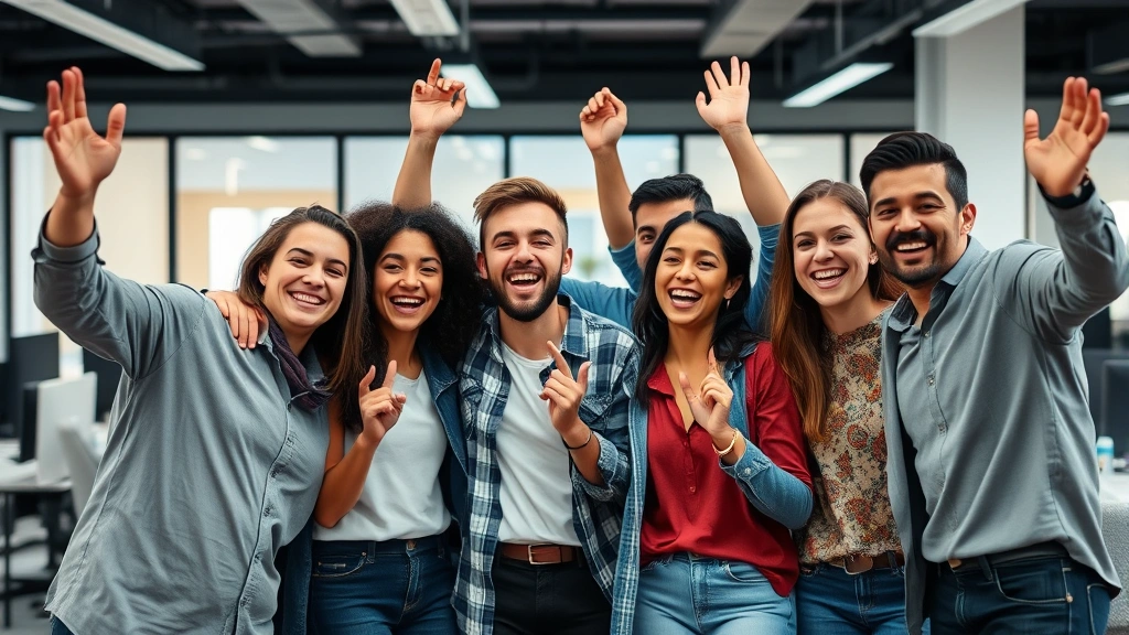 Startup team celebrating a win together, genuine smiles and energy, office background, diverse group, authentic moment of success and camaraderie
