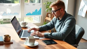 Founder reviewing financial spreadsheets and business metrics at wooden desk with laptop and coffee cup in natural light