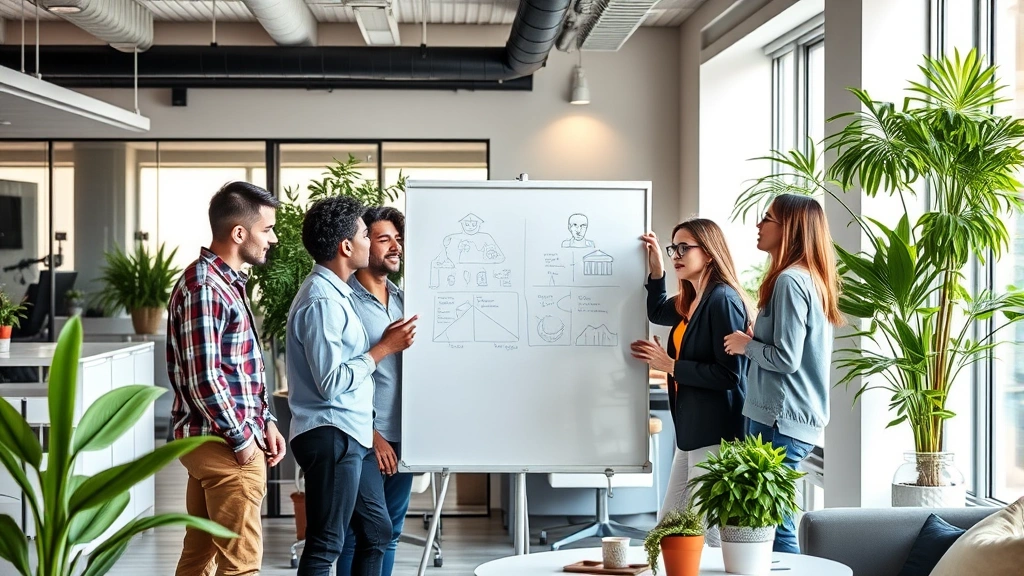 Diverse team of young professionals collaborating around whiteboard in bright startup office with modern furniture and green plants