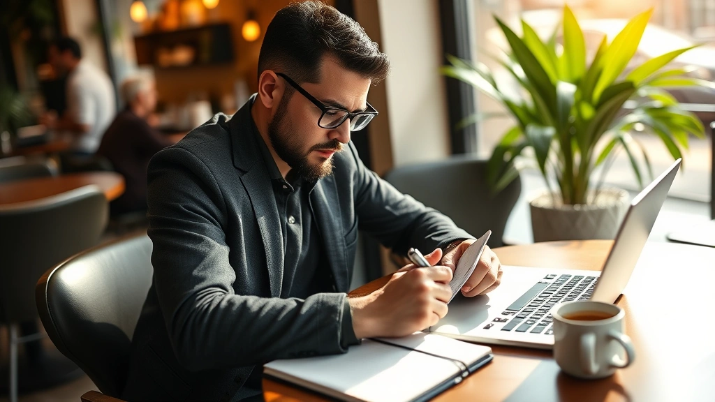 Entrepreneur writing notes in journal while sitting at cafe table with laptop, notebook, and coffee in morning light