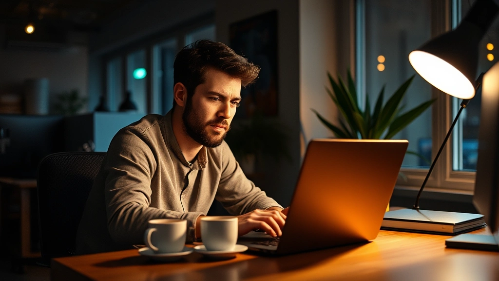 Founder working late at desk with laptop and coffee, tired but focused, startup office environment, natural lighting from window at night