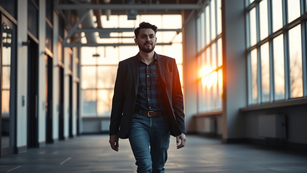 Solo founder walking through empty office building early morning, contemplative expression, preparing for another demanding day of work