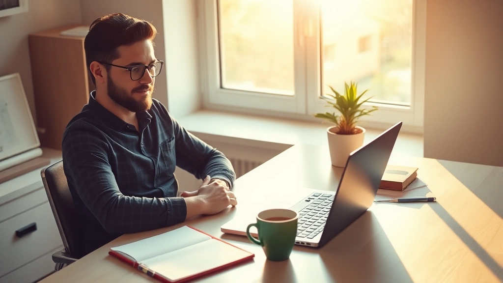 Founder sitting at desk with laptop and notebook, early morning sunlight, coffee cup, focused expression, minimalist startup workspace