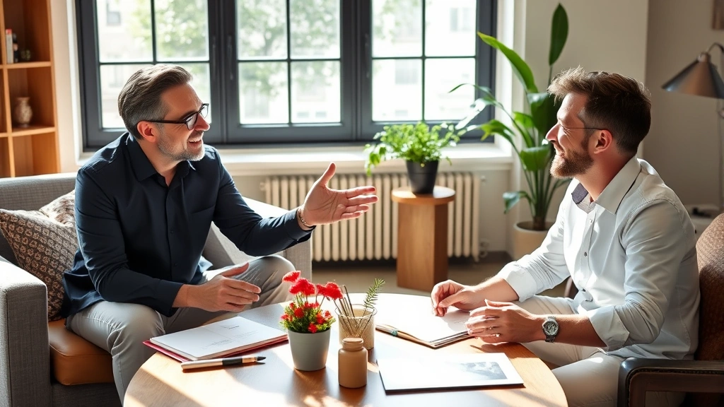Two entrepreneurs having animated conversation over coffee table, one gesturing enthusiastically, natural lighting, collaborative energy