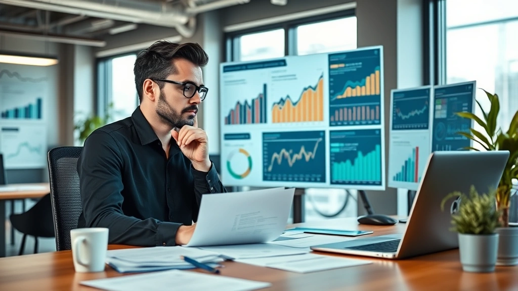 Founder sitting at desk reviewing financial dashboards and growth metrics with focused determination, modern startup office with natural light, papers and laptop visible