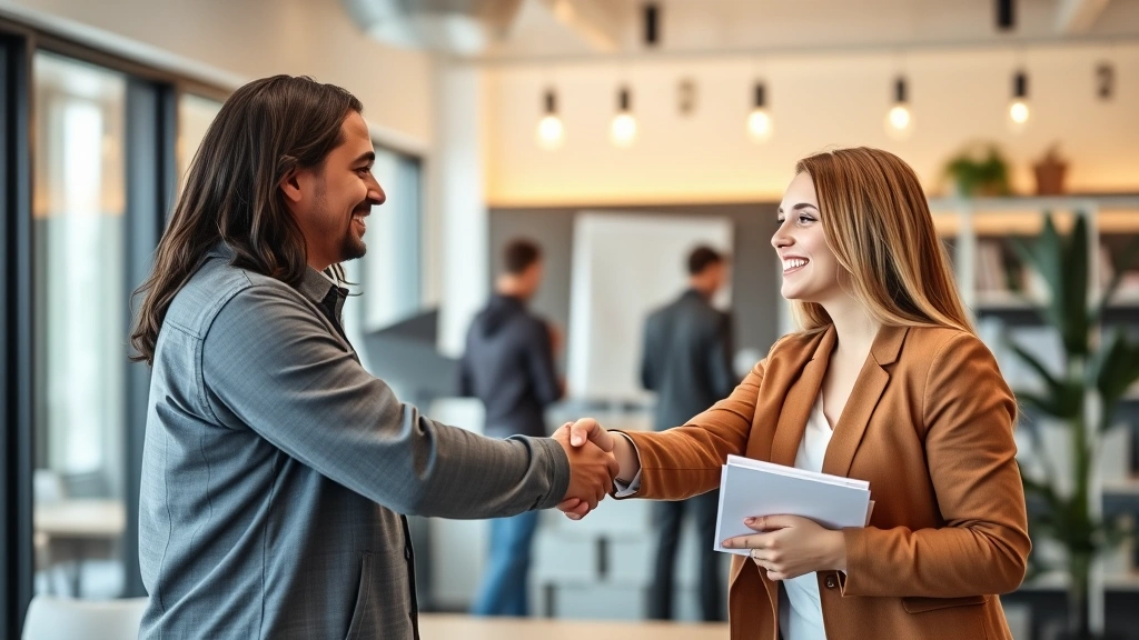 Customer success moment: satisfied client shaking hands with business owner, professional but warm interaction, modern office setting