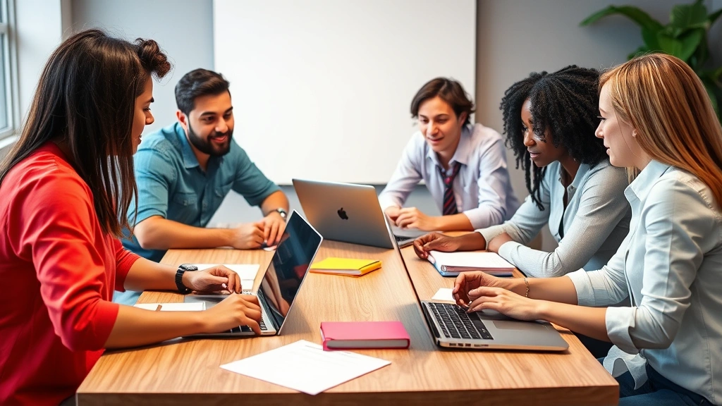 Team collaborating around table with laptops and notebooks, diverse group engaged in discussion about strategy and growth planning